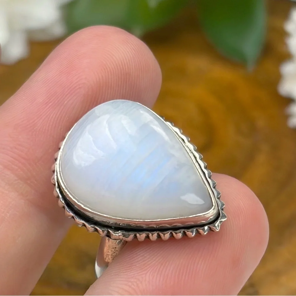 Blue Purple Rainbow Moonstone Ring Size 7 Pear New Sterling Silver 925 Overlay